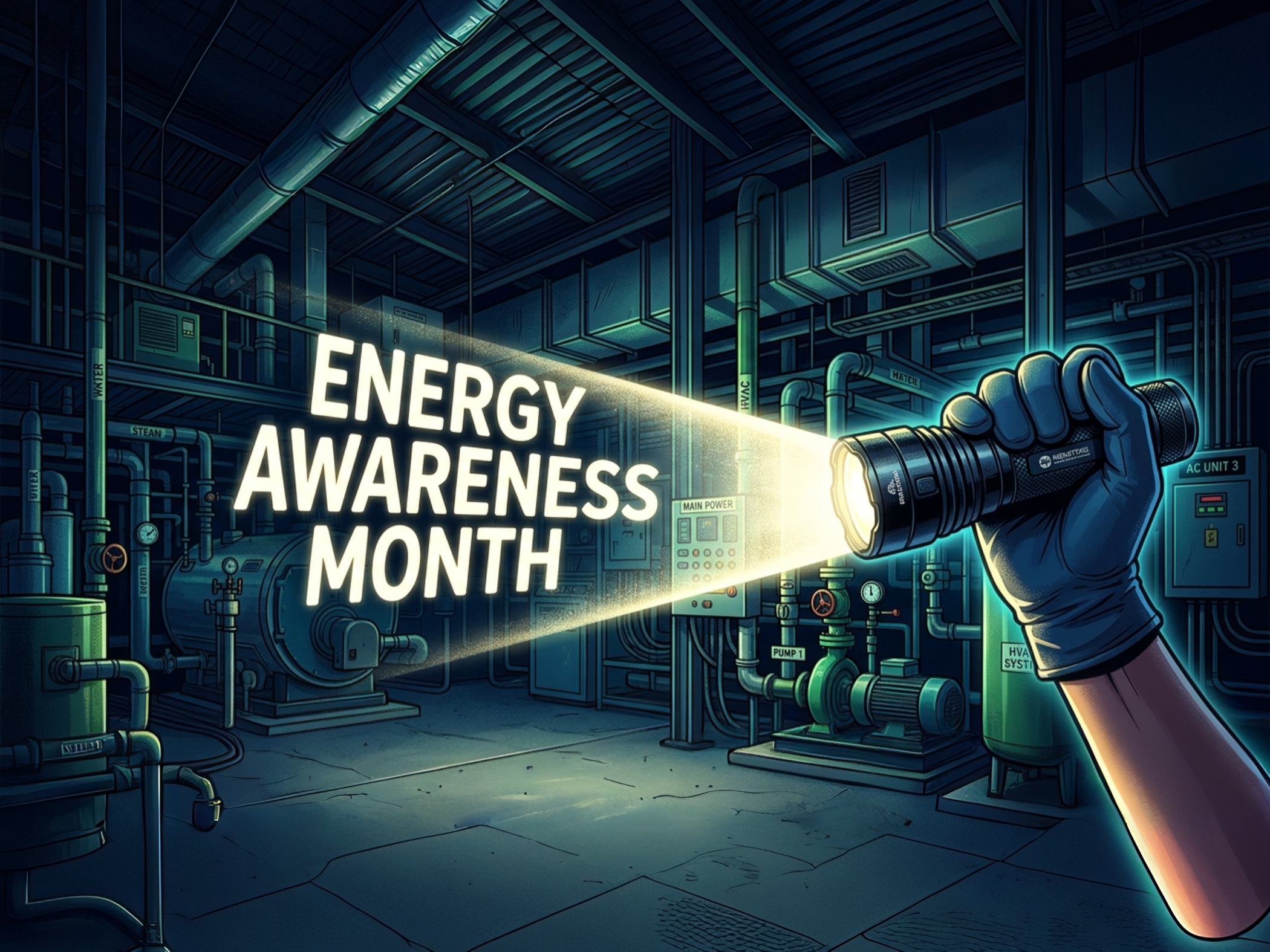 Flashlight beam in a mechanical room that reads ENERGY AWARENESS MONTH