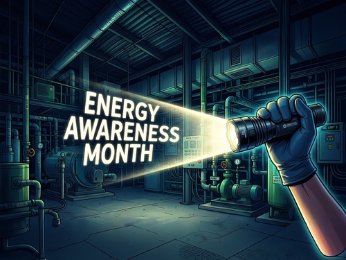 Flashlight beam in a mechanical room that reads ENERGY AWARENESS MONTH