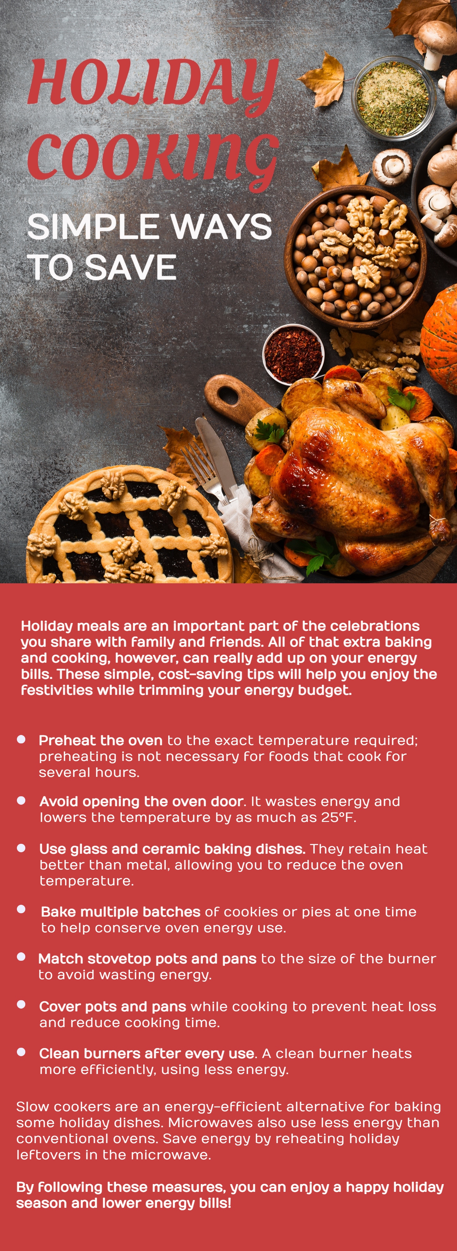 una infografía con consejos sobre cómo ahorrar más energía al cocinar para las fiestas