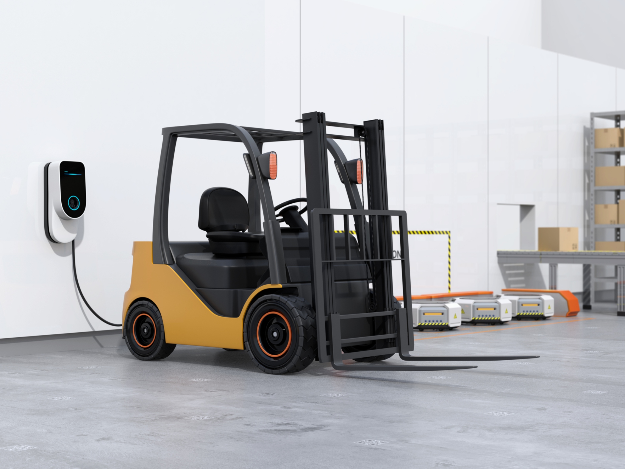 Electric forklift charging in warehouse