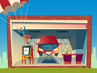 Illustration of open garage and a man landing with a parachute.