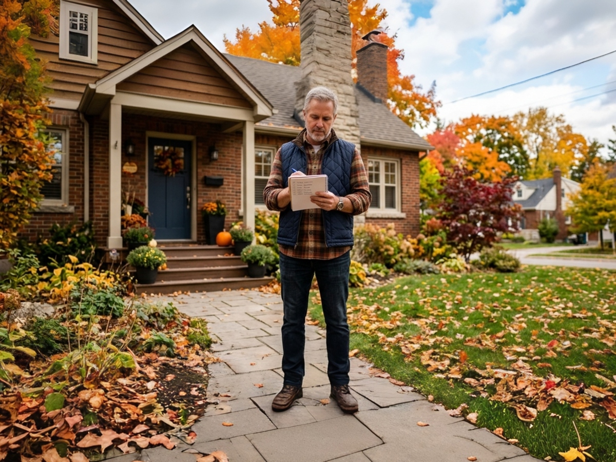 Man standing outside of home in autumn