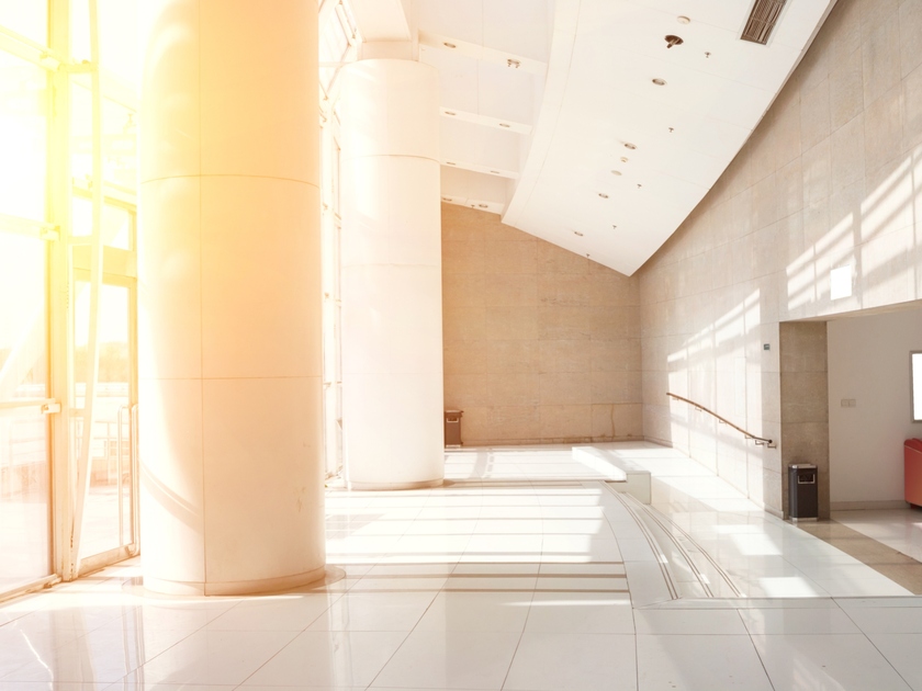 Sun shining through on office building lobby