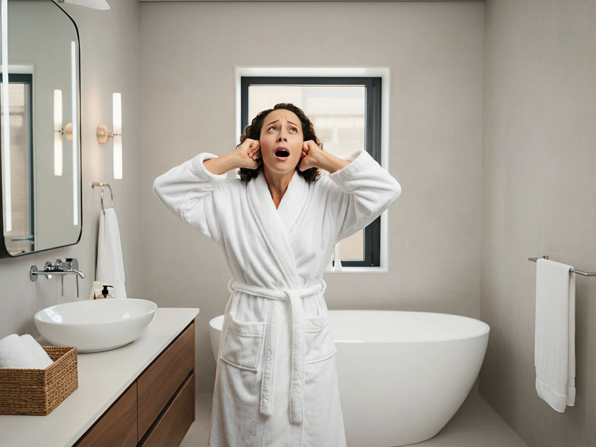 Woman in robe holding ears