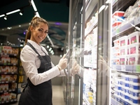 Grocery store working opening refrigerator case