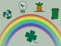 Illustration of four leaf clover, rainbow, recycling bin, carrot, lightbulb and water droplet. 