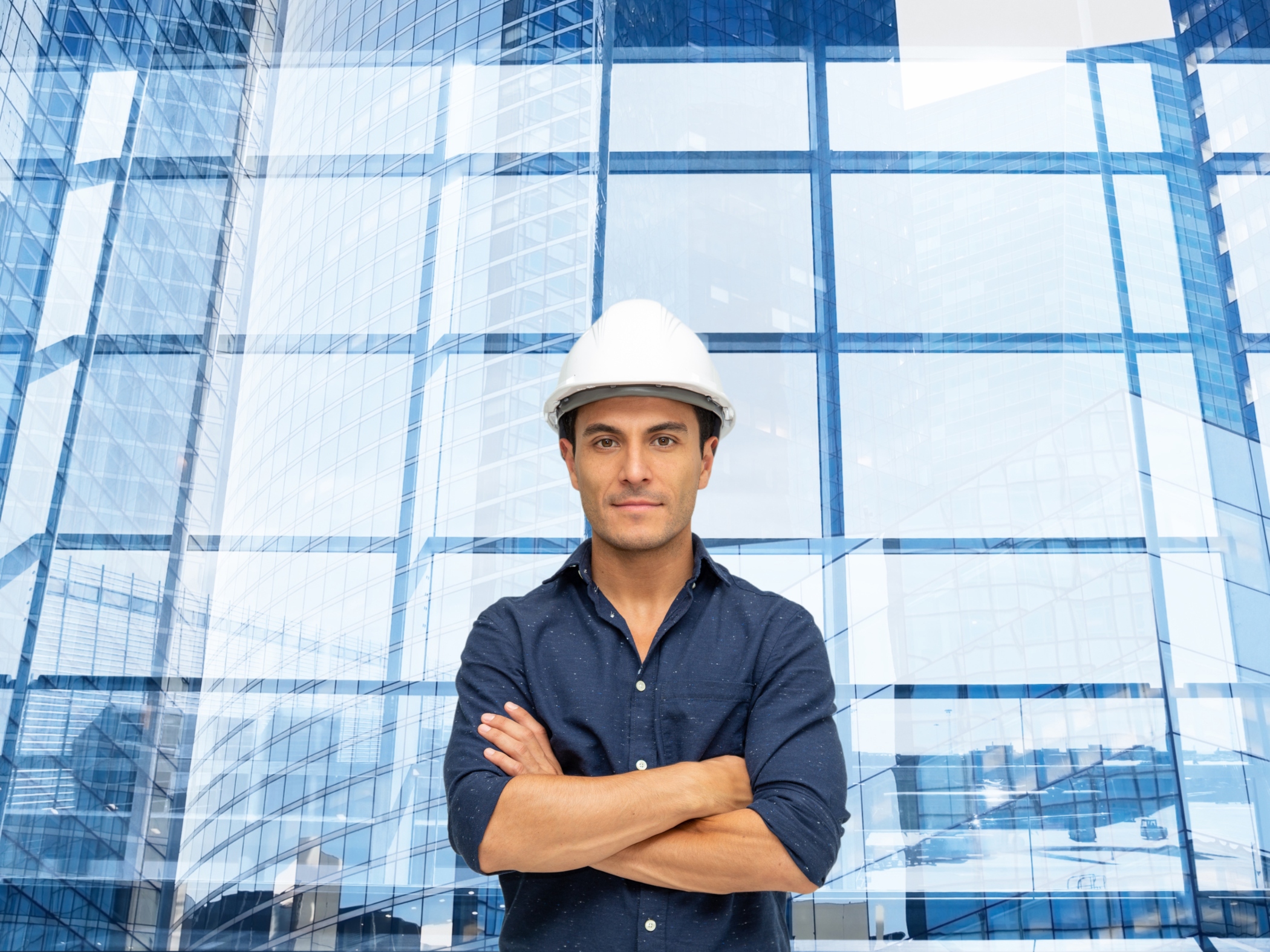 Engineer standing in front of office building