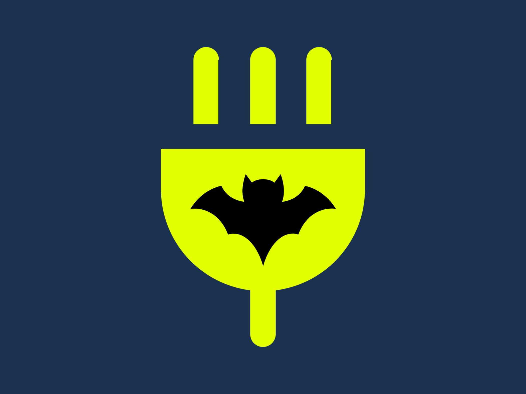 una imagen de caricatura de un enchufe con el logotipo de un murciélago