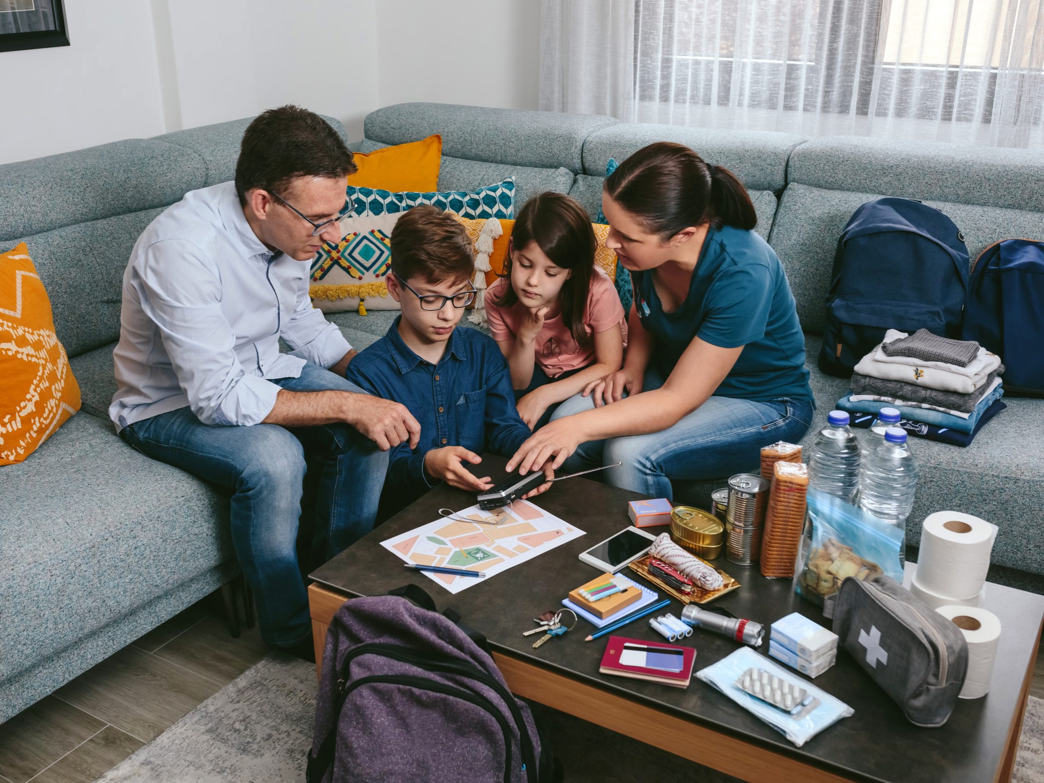 Family discussing emergency plan